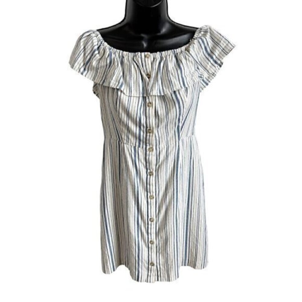 Wayf Off The Shoulder Striped Ruffle Button Up Dress Blue Cream Size Medium - Picture 2 of 12